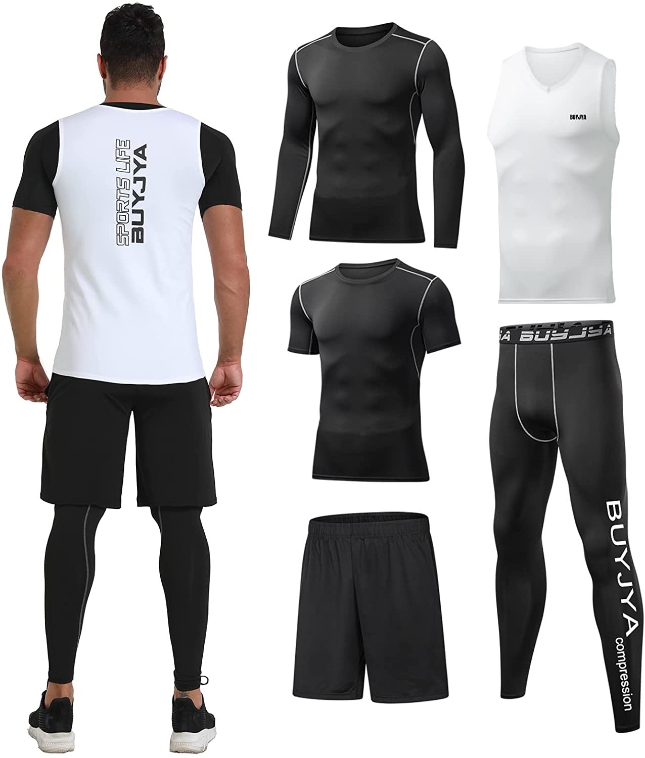 BUYJYA 5Pcs Men's Compression Pants Shirt Top Long Sleeve Jacket Athletic Sets G
