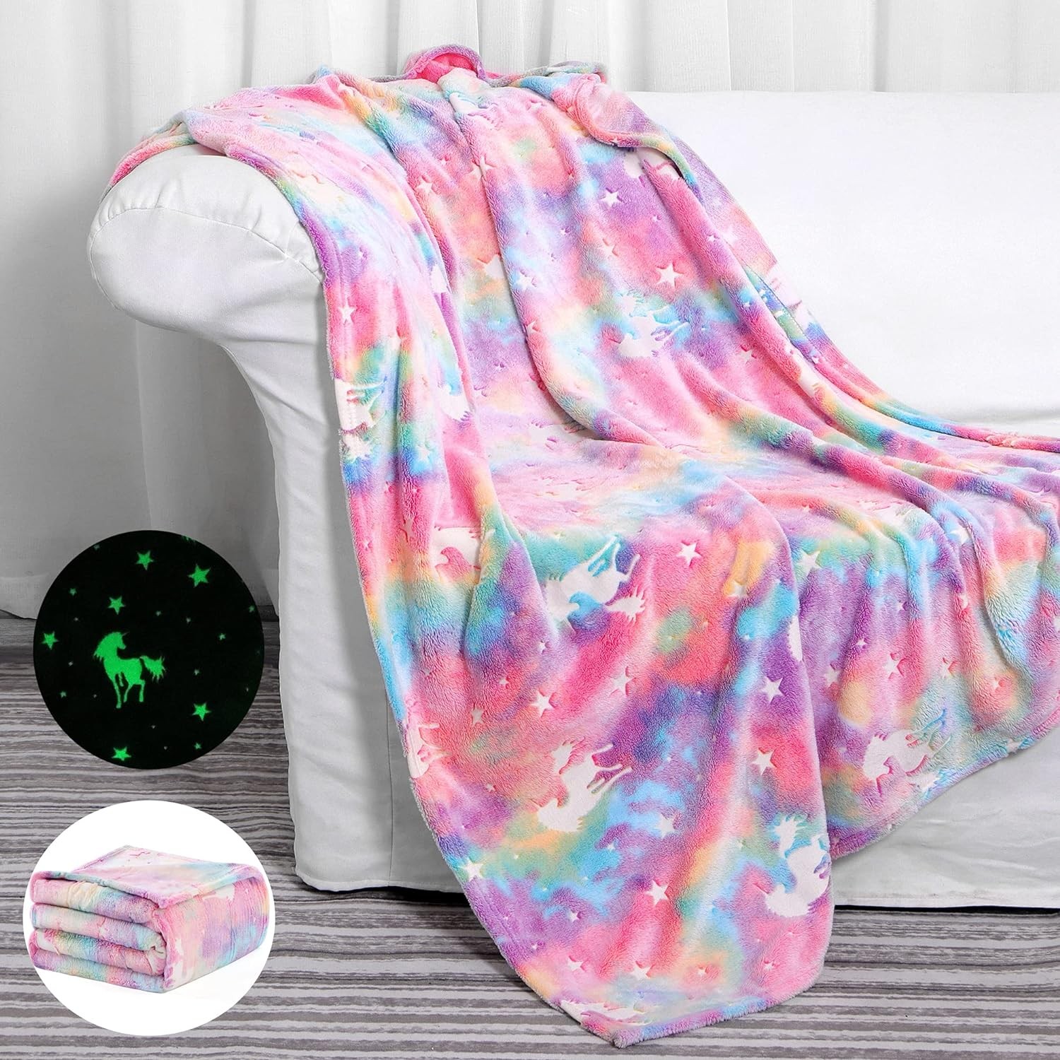 Glow in The Dark Blanket Unicorns Gifts for Girls,Toys for 2 3 4 5 6 7 8 9 10 Year Old Girl Gifts,Soft Kids Blankets for Christmas Halloween Birthday Valentines Gifts,50"x60"